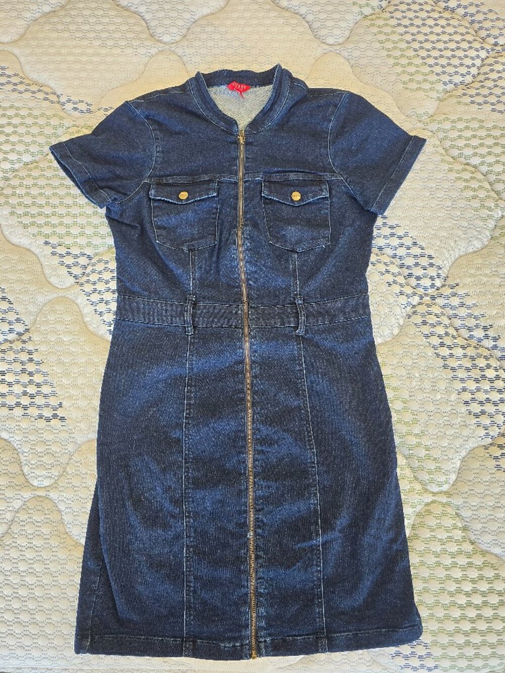 Guess Women's Dark Blue Zip-Front Denim Mini Short Sleeve Dress Size Large